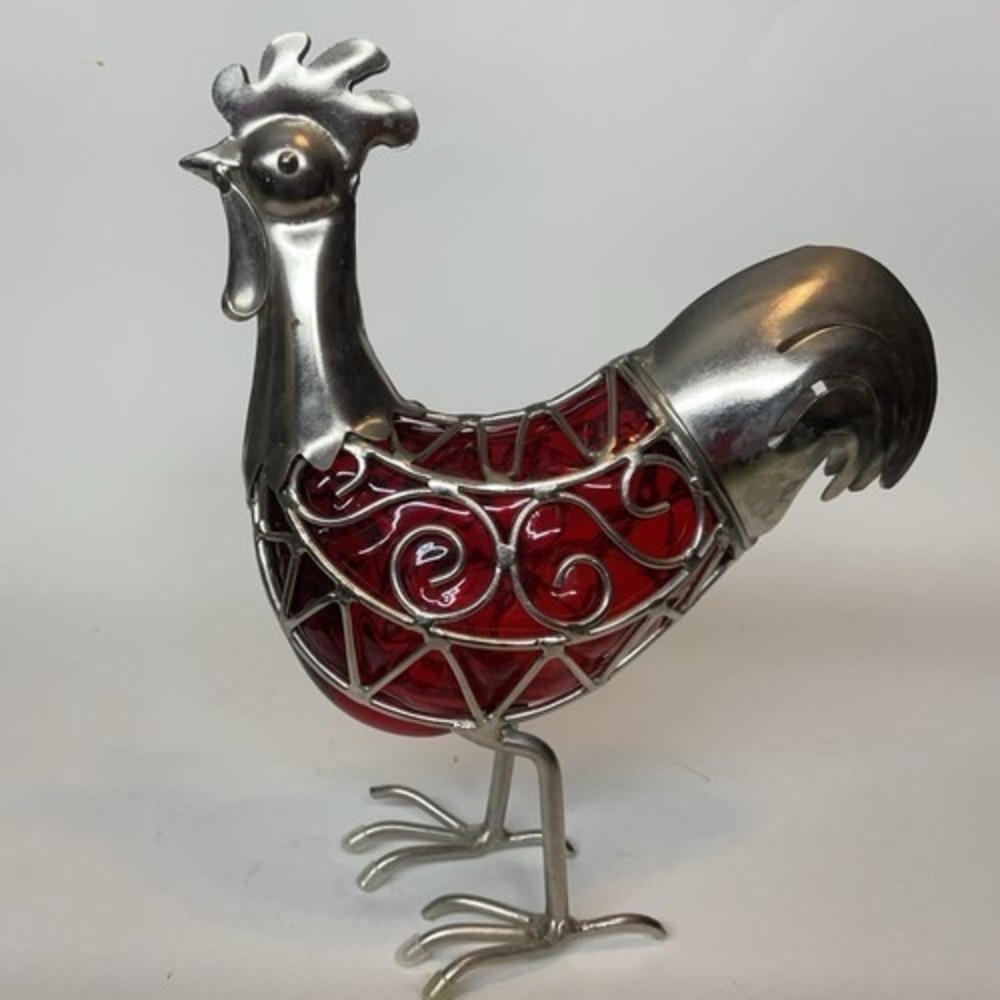 Vintage Country Rooster Metal & Ruby Red Glass Chicken Sculpture 9"x7"